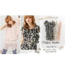 【QQT0012】满满蝴蝶印花荷叶袖淑女版雪纺上衣